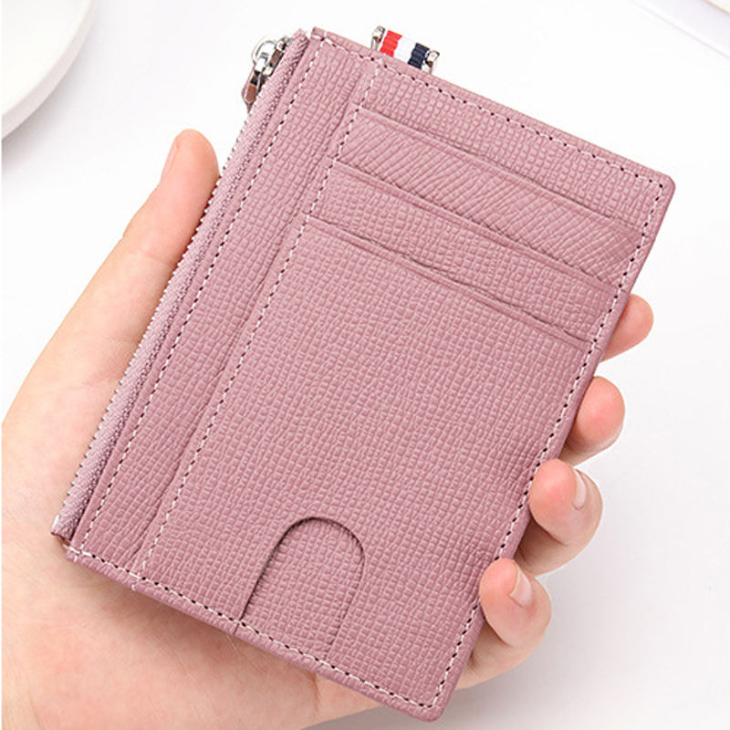 Women’s Saffiano Genuine Leather Slim Card Wallet with Zipper Coin Bag RFID Protected for Carrying Credit Cards