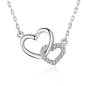S925 Sterling Silver Double Heart Necklace Ladies Clavicle Chain Zirconium Diamonds Heart Necklace