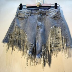 2022 Summer New Hole High Waist Rhinestone Tassel Chain Slim Straight Denim Shorts Women