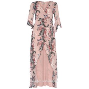 Summer Women V-neck 100% Polyester Floral Printing Maxi Long Casual Dress