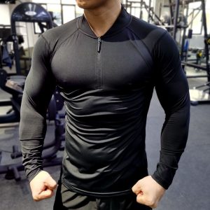 Quick Dry Running Shirt Men Mens Quarter Zip Gym Sport T-shirt Long Sleeve Compression Gym Fitness Tight Zip up Collar Shirts