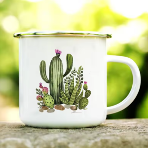 Tropical Plants Cactus Print Enamel Creative Coffee Tea Water Milk Cups Summer Camping Mugs Handle Drinkware Vacation Mug Gifts