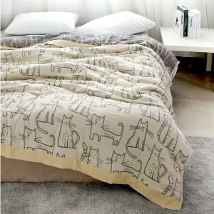 WOSTAR Pure cotton twel muslin quilt blanket cartoon cat print luxury double bed summer bedspread thin duvet king size bedding