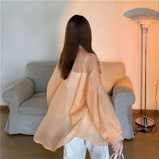 XXFD Women Lapel Button Down Long Sleeve Drop Shoulder Sheer Mesh Blouses Shirt Top Long Sleeve Cardigan Summer Button Shirt