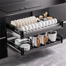 Pull Basket Kitchen Dish Basket Cabinet Drawer Type Thickened Aluminum Alloy Double Layer Shelf Bowl Basket Storage