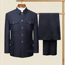 Chinese Tunic Suit Spring Autumn Elderly Latest Coat Pant Designs Two Piece Mens Formal Wear Father Clothes Blue Double Layer